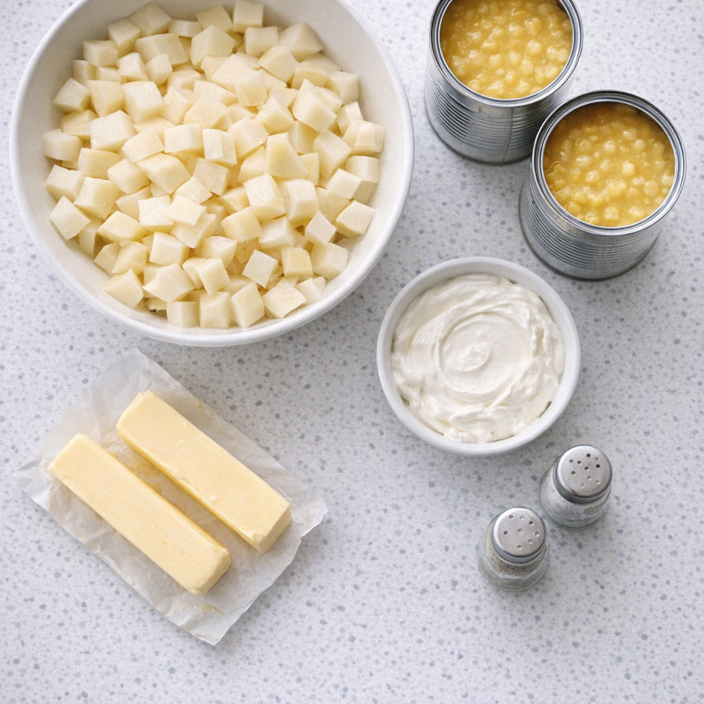 Ingrediënten voor aardappelpuree met maïs, uitgestald op een aanrecht.