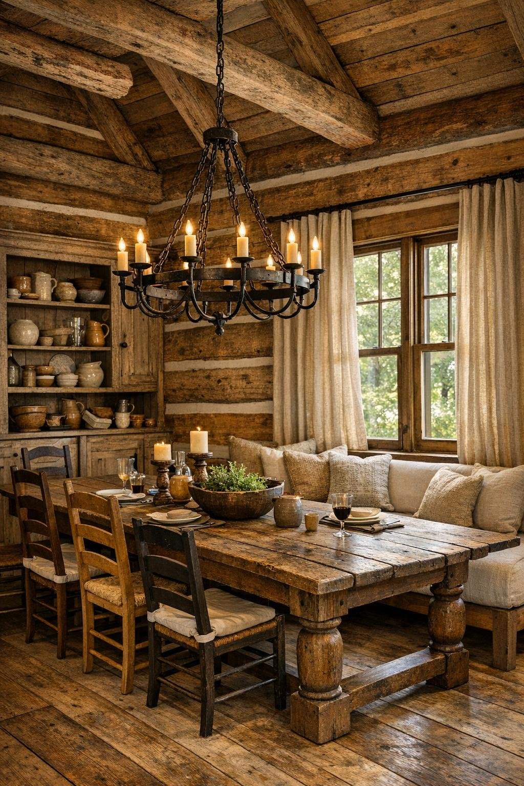 Rustic dining room with a reclaimed wood farmhouse table and iron chandelier