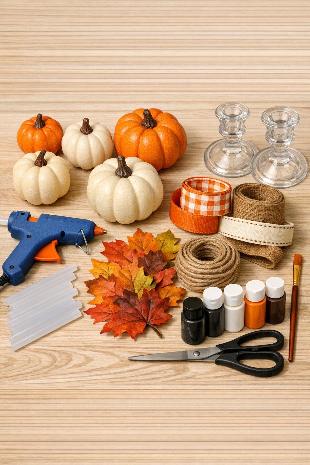 Materials for making two stacked fall pumpkin centerpieces