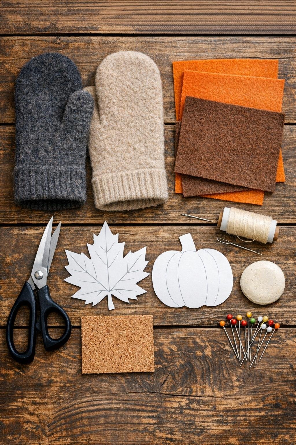 Old felted wool mittens and coaster-making supplies laid out on a table