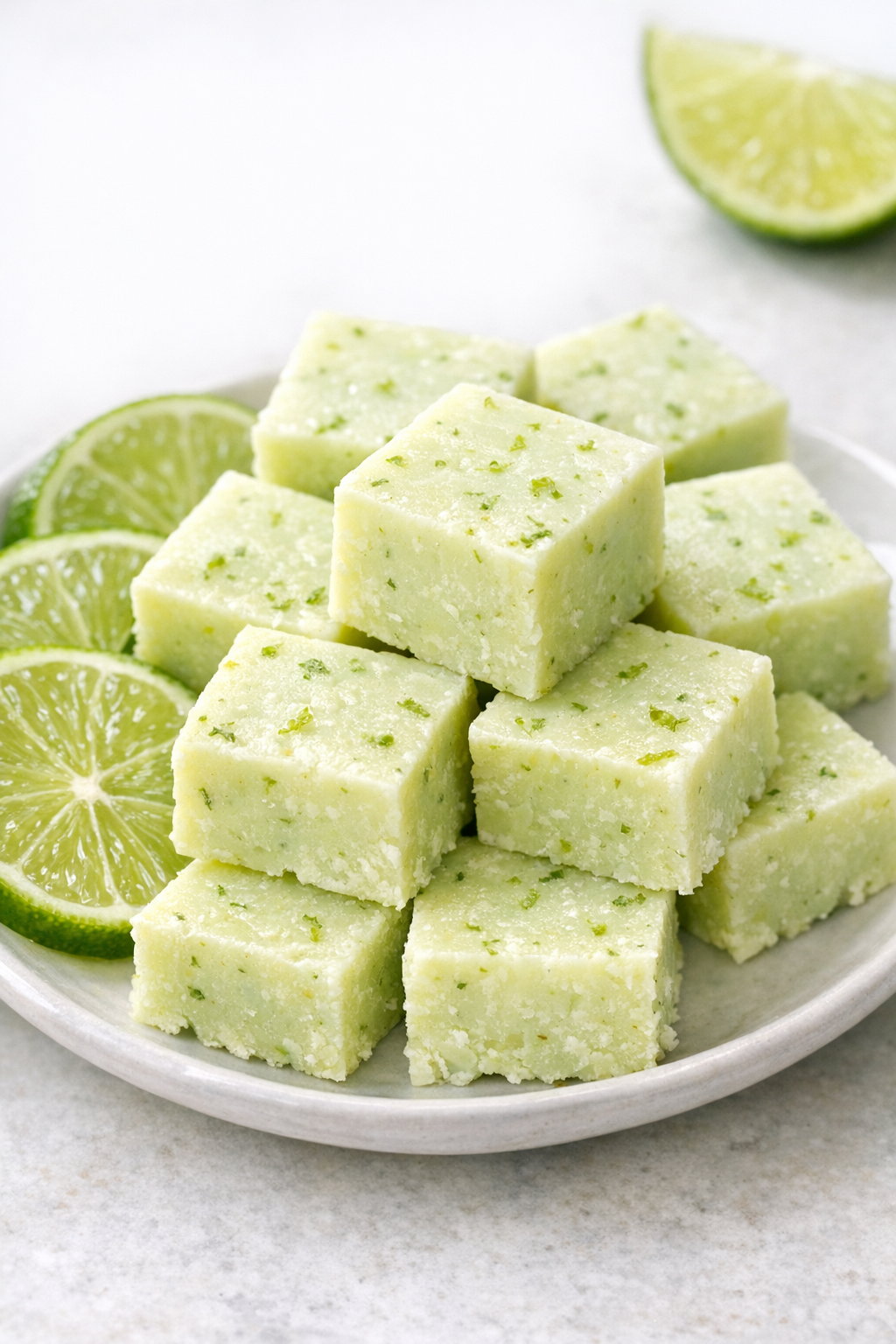 Plated lime fudge squares ready to serve