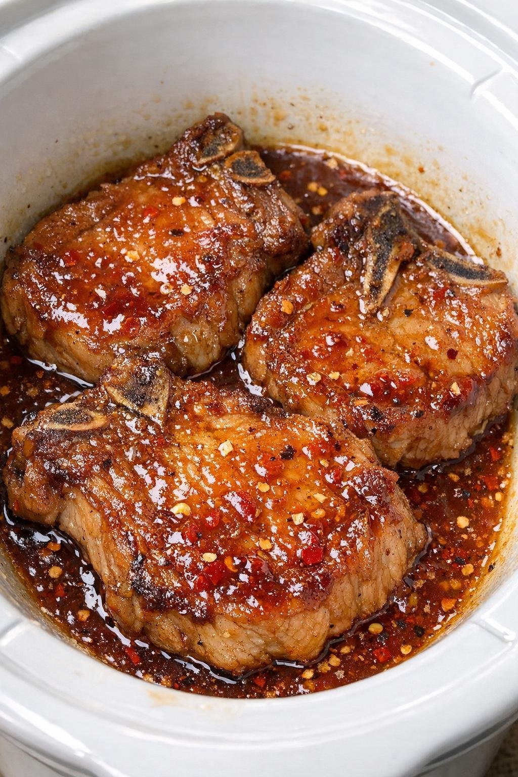 Slow cooker sweet chili pork chops in white slow cooker