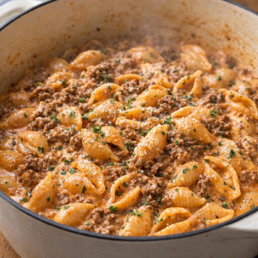 Finished creamy beef and shells garnished with parsley and Parmesan