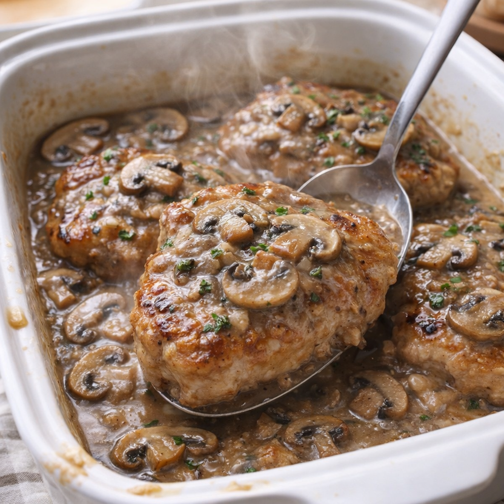 Creamy mushroom pork chops fresh from the casserole dish