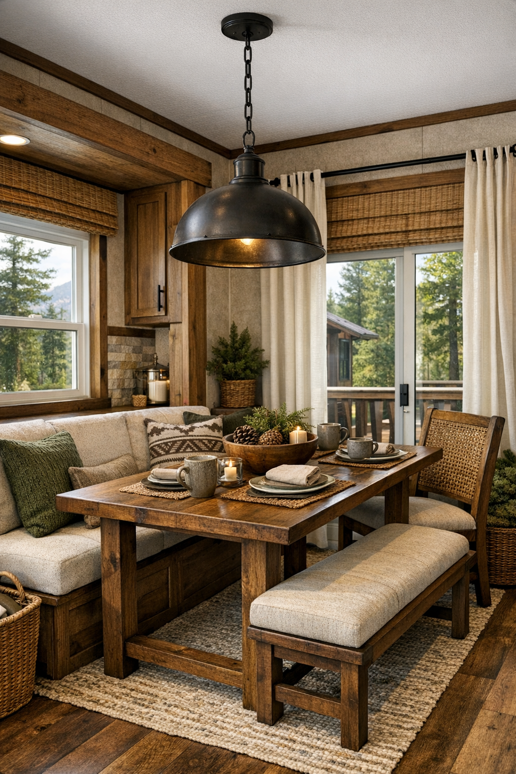 Rustic dining area with solid wood table, bench seating, and lodge-style pendant light