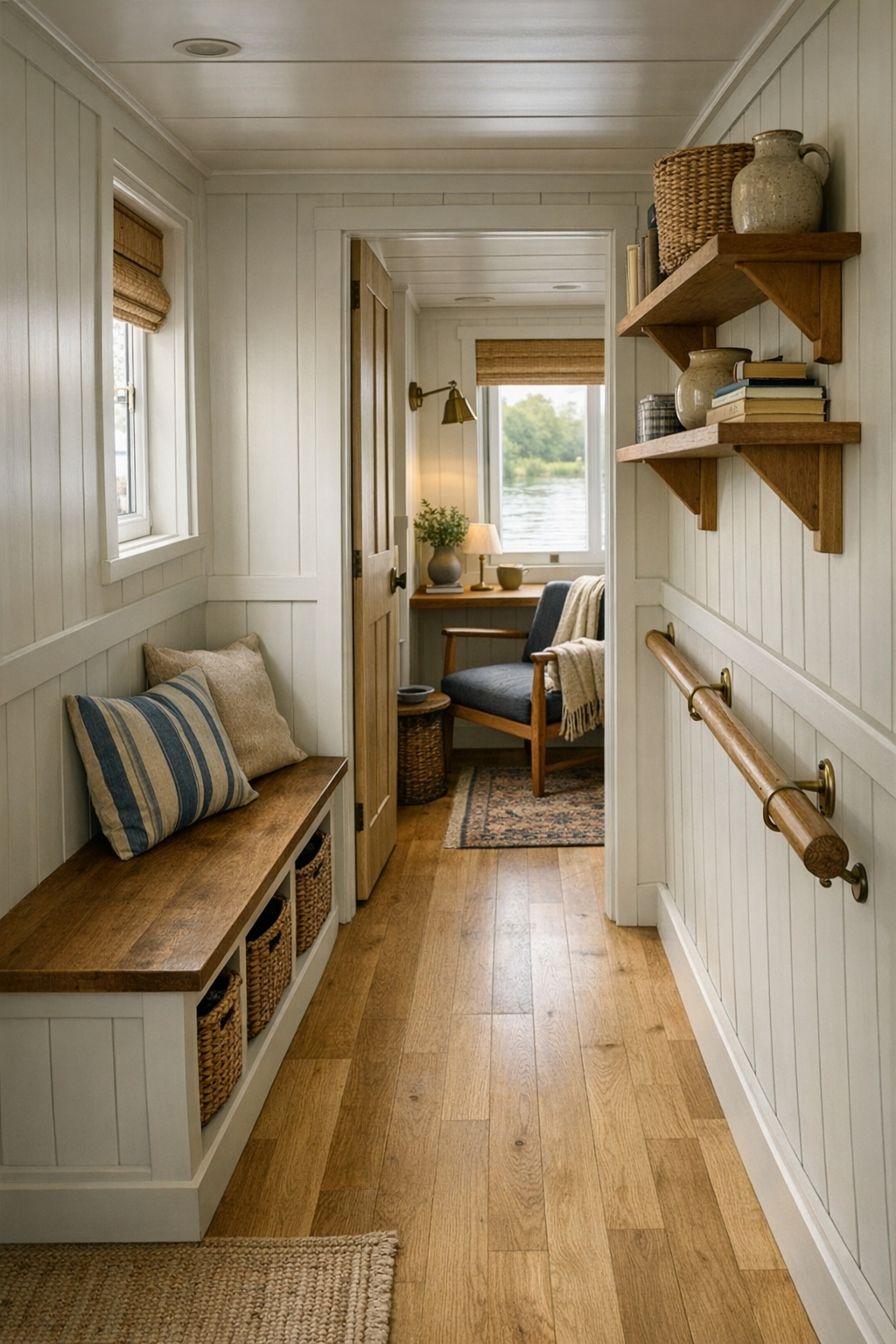 Bright hallway and reading nook with built-in bench, paneled walls, and Shaker details