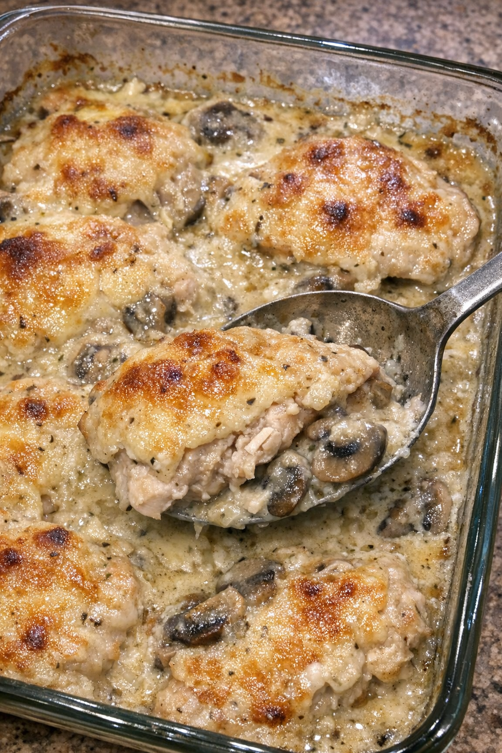 Elegant baked chicken in mushroom cream sauce