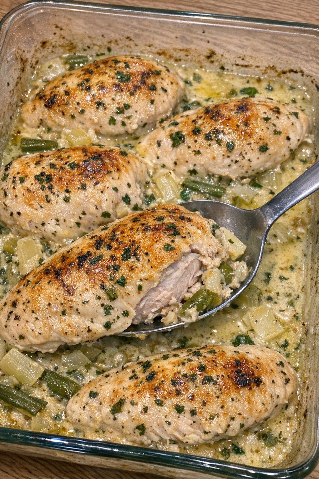 Golden baked chicken breasts with herb cream sauce in a Pyrex dish