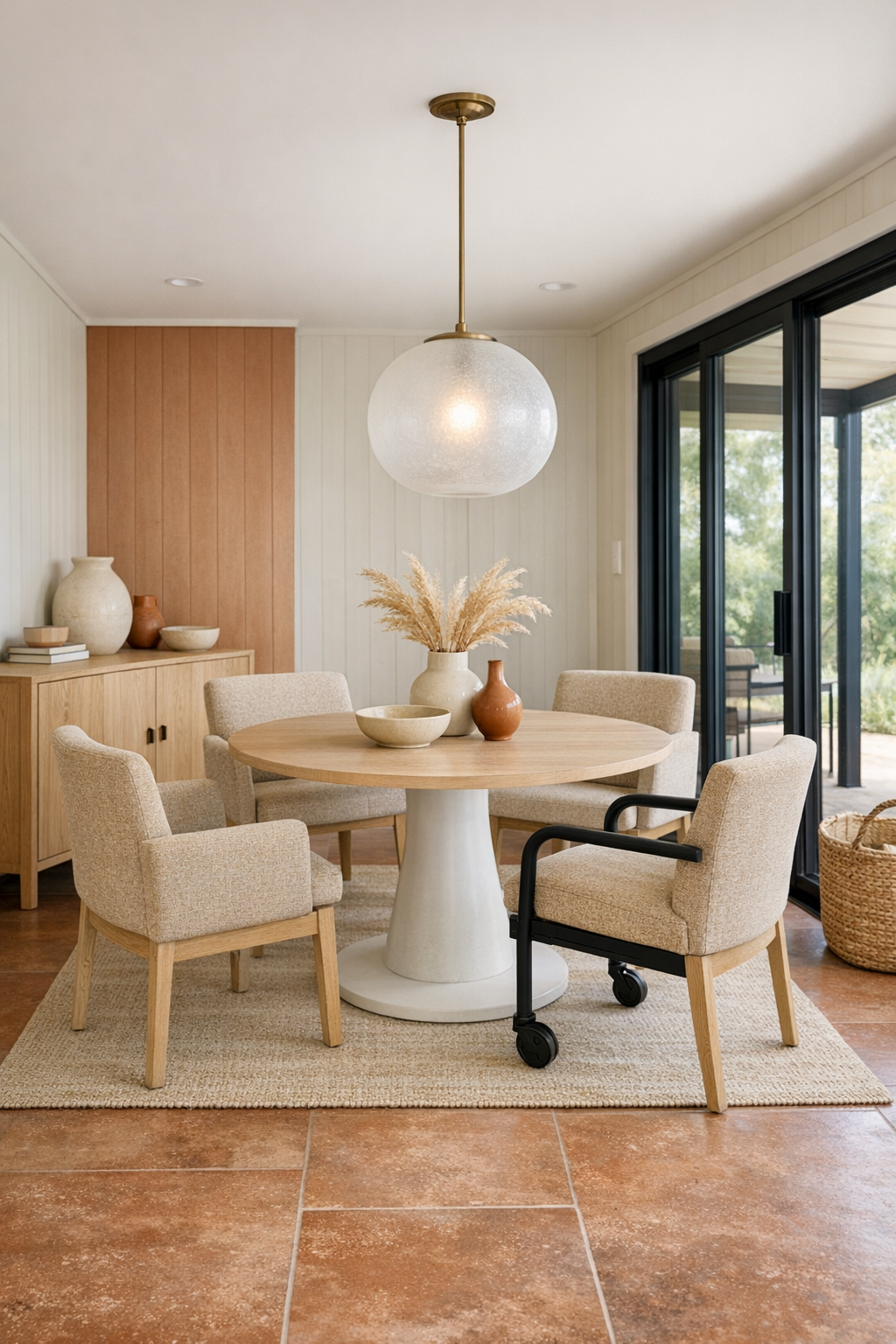 Accessible dining room with round pedestal table, upholstered chairs, and soft pendant lighting
