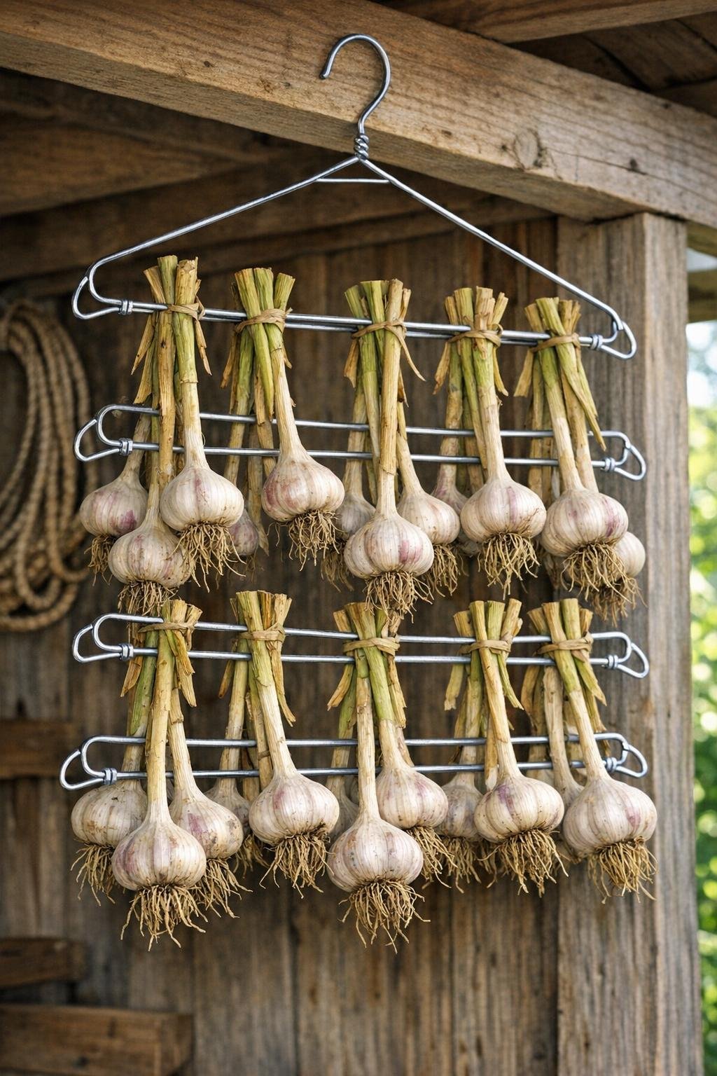 Finished wire hanger garlic curing rack holding garlic bulbs
