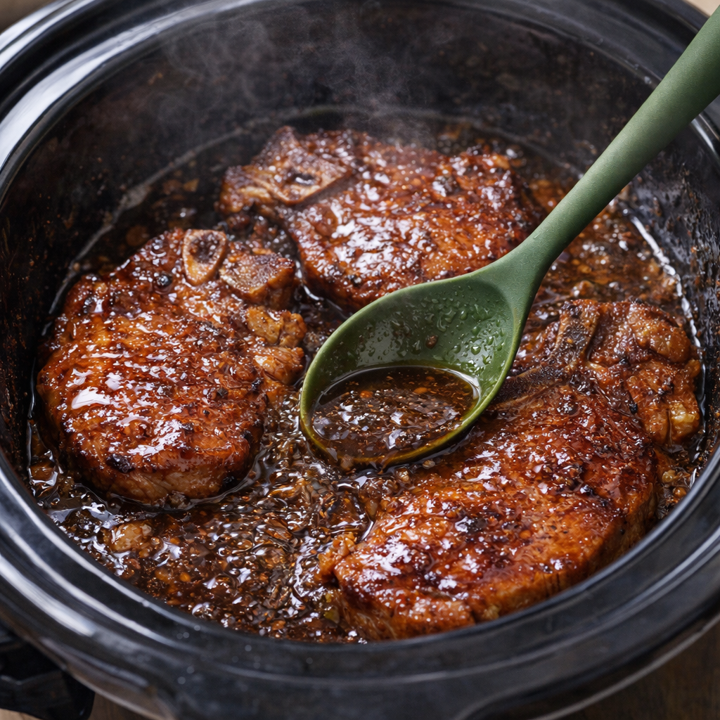 Reduced glaze simmering in the slow cooker