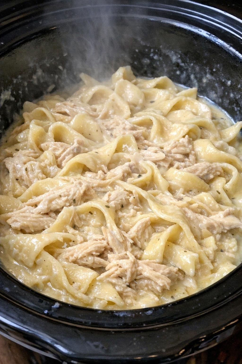 Amish kip en noedels uit de slowcooker in een zwarte slowcooker