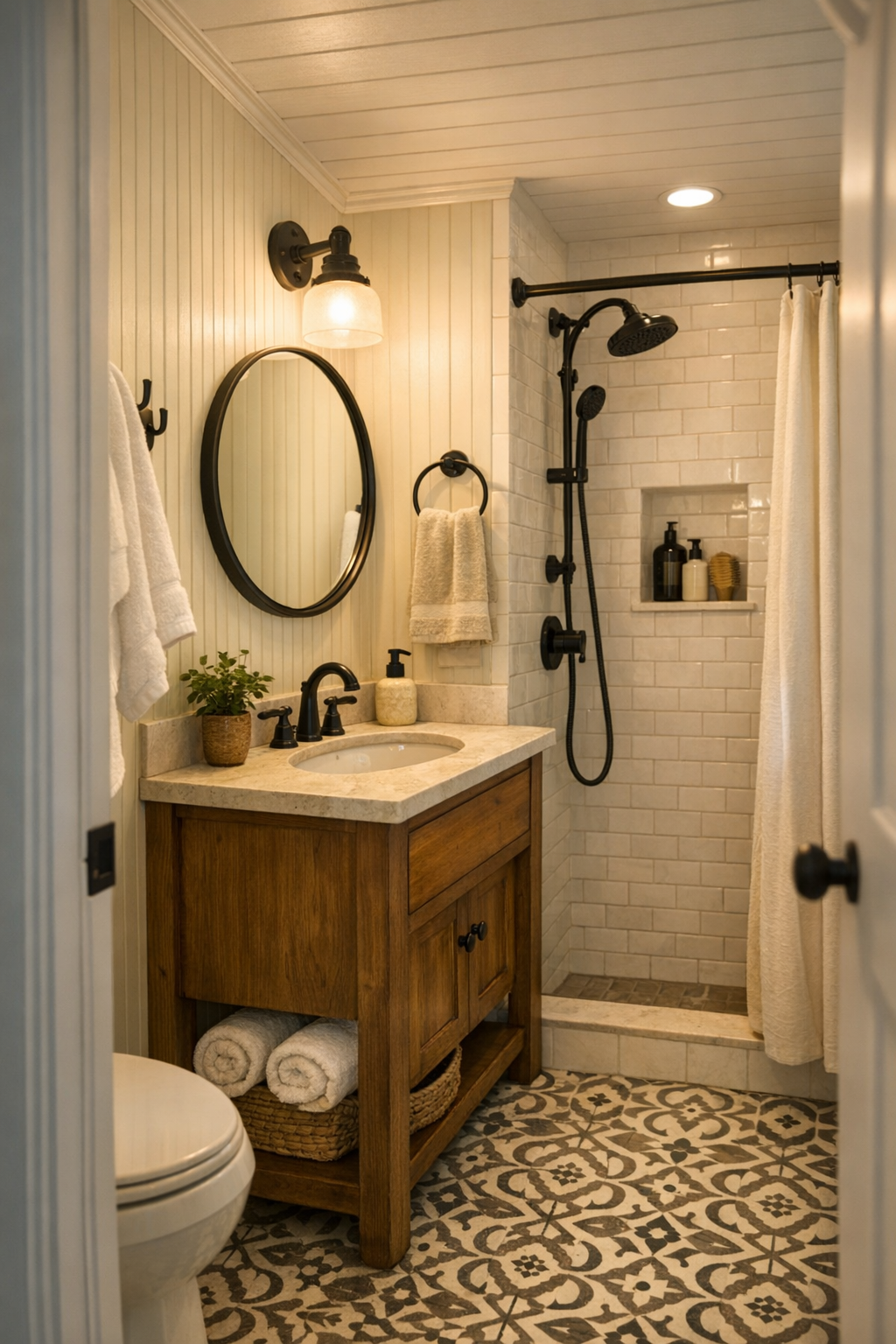 Compact tiny home bathroom with beadboard walls, warm wood vanity, and classic white tile shower