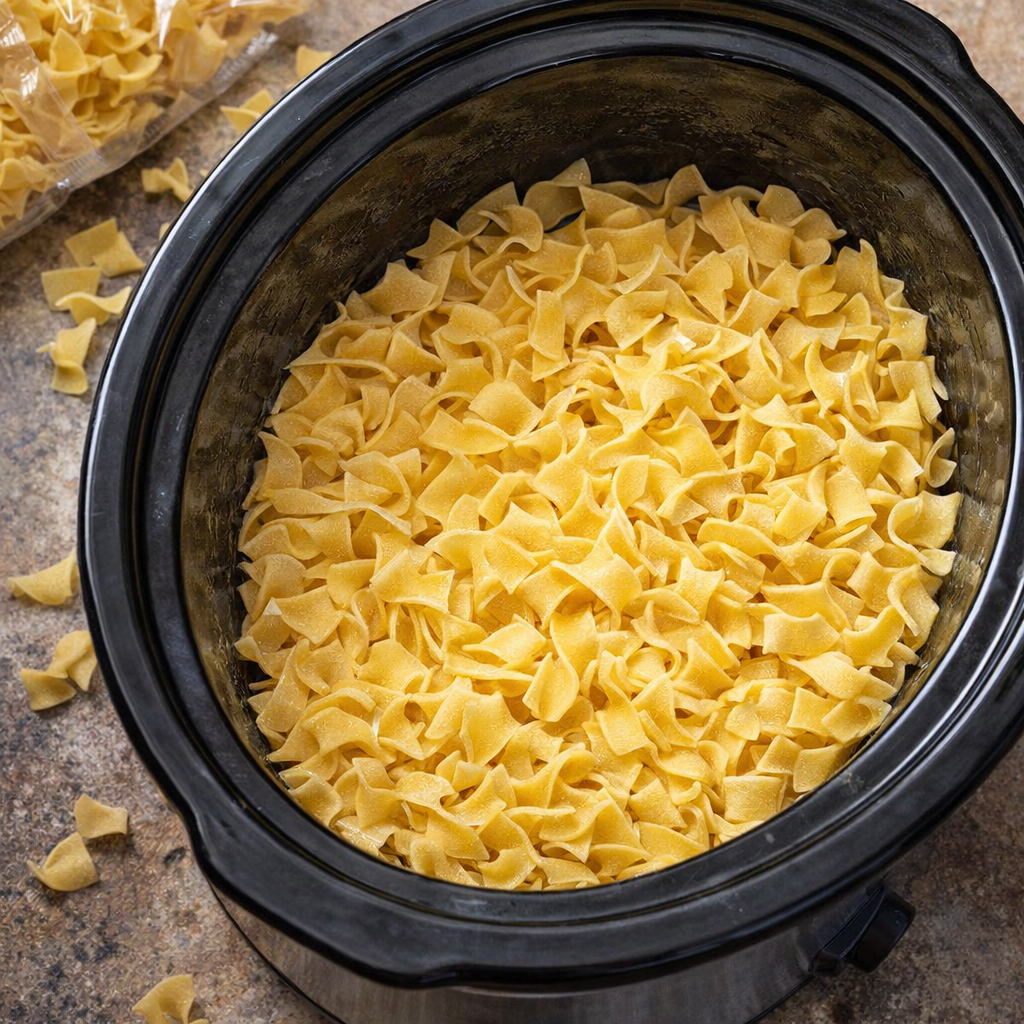 Egg noodles layered in a slow cooker