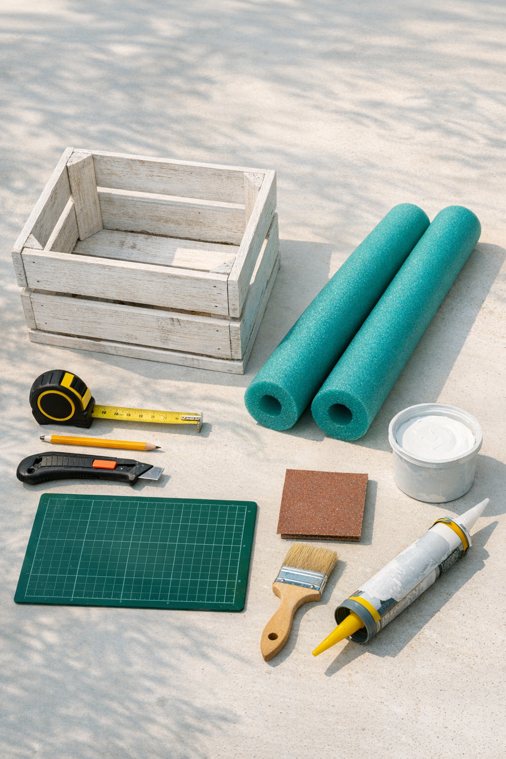 Materials for a wooden crate and pool noodle boot rack laid out together