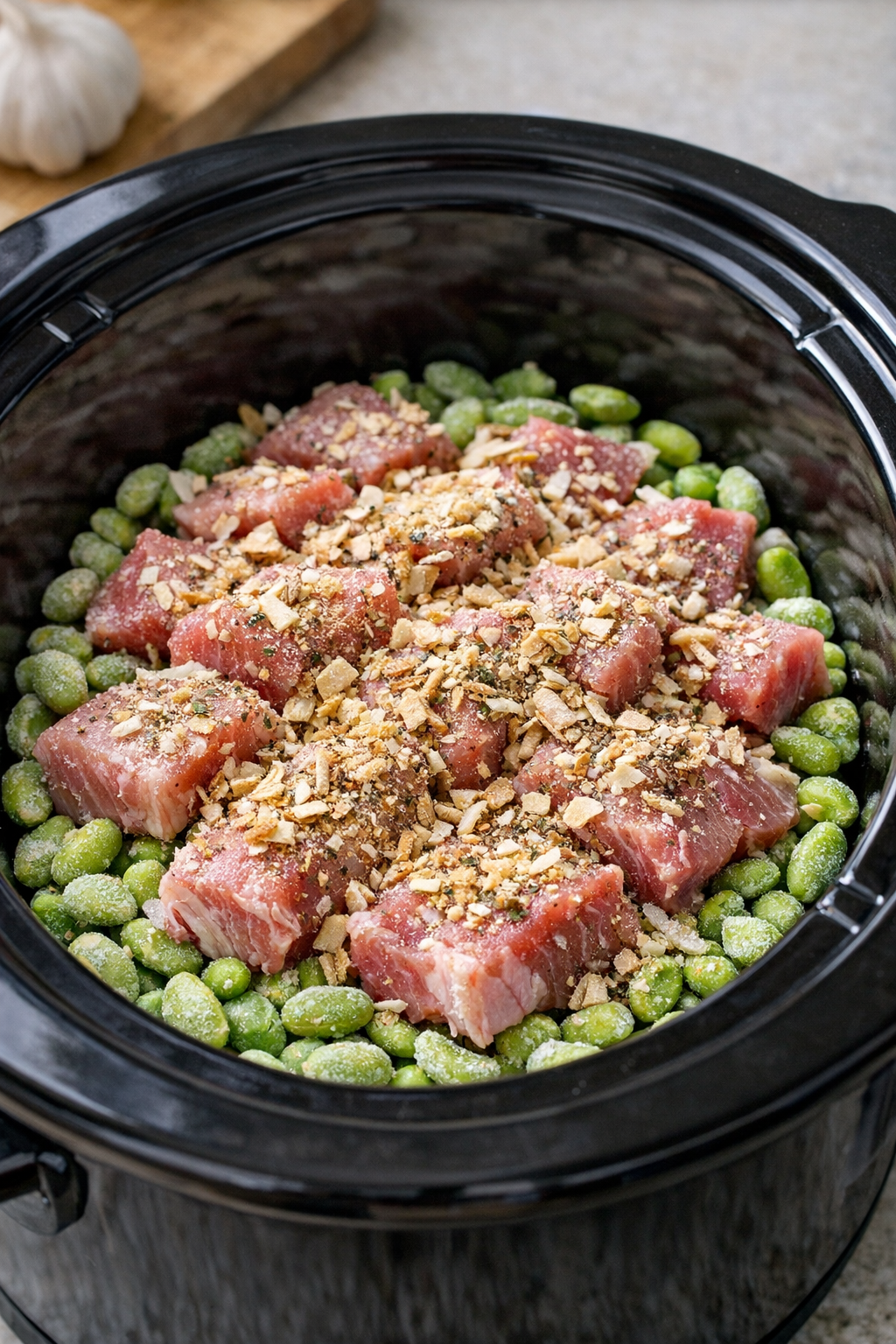 Onion soup mix sprinkled over pork and lima beans in the slow cooker