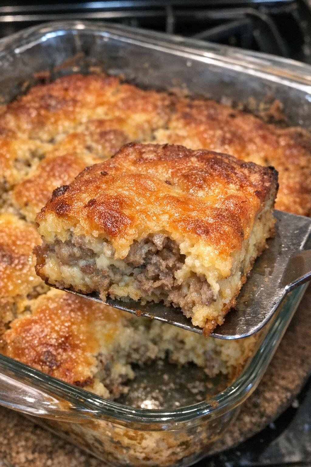 Golden brown baked sausage and cheese casserole in a glass baking dish