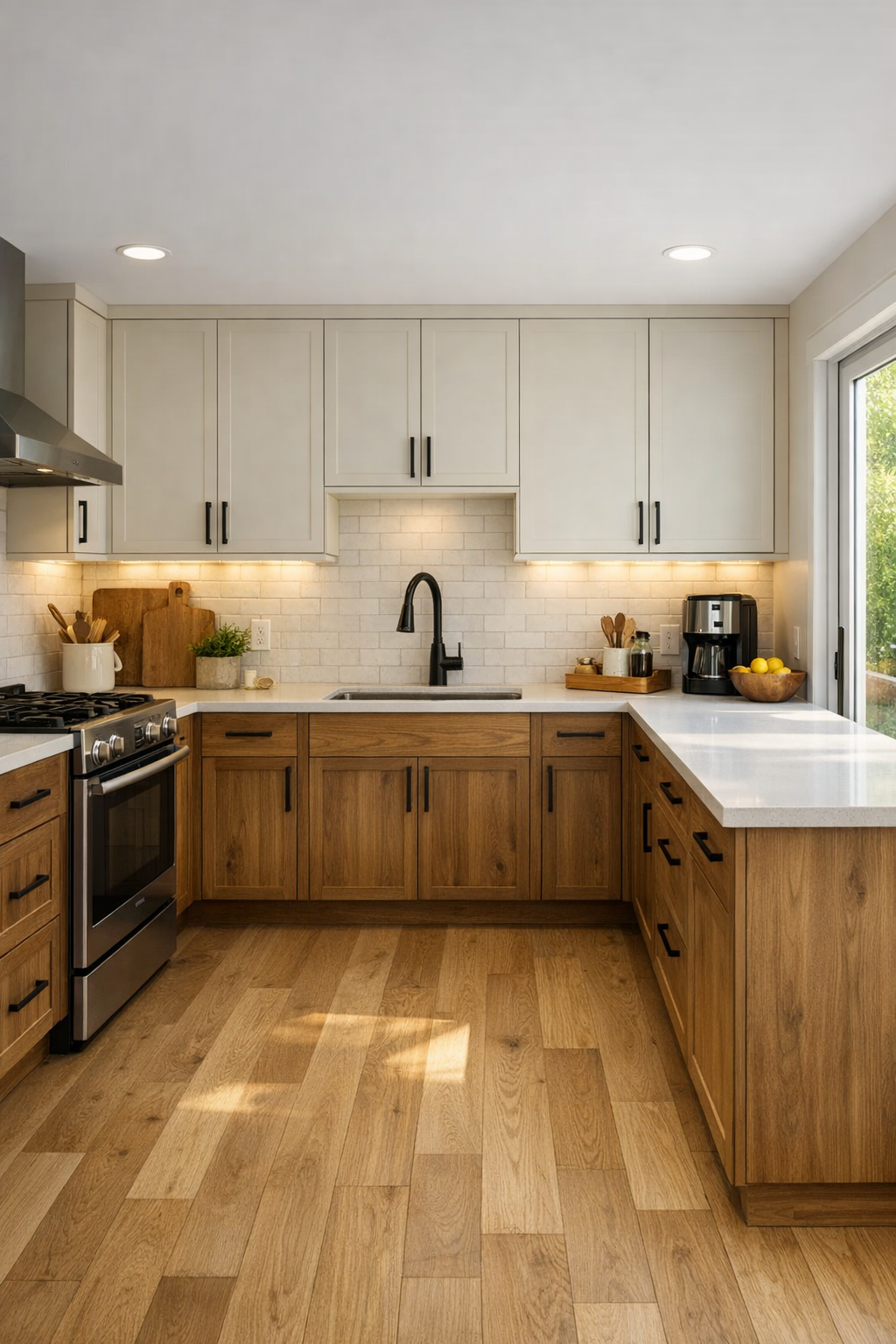 Warm modern kitchen with wood cabinetry, white quartz counters, and black hardware