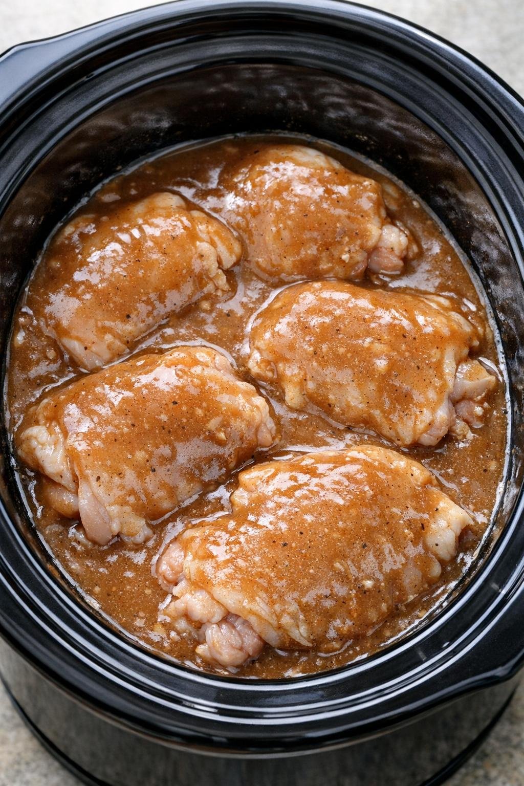 Chicken covered with gravy in the slow cooker before cooking