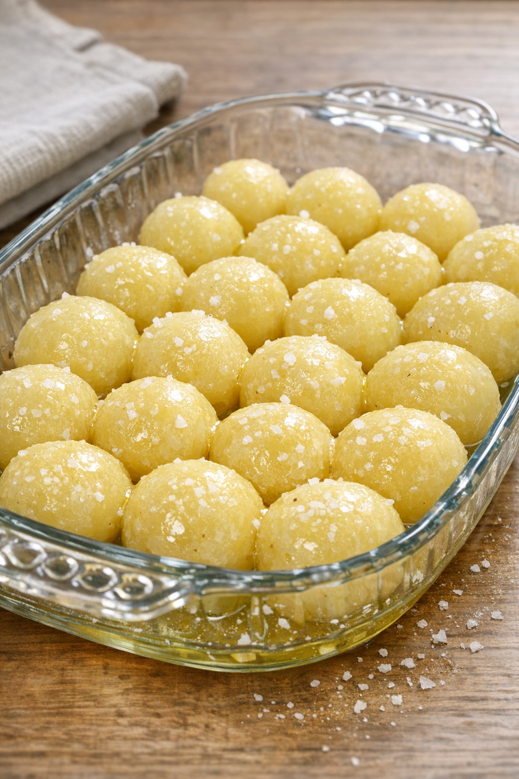 Raw potato balls coated with melted butter in a glass baking dish
