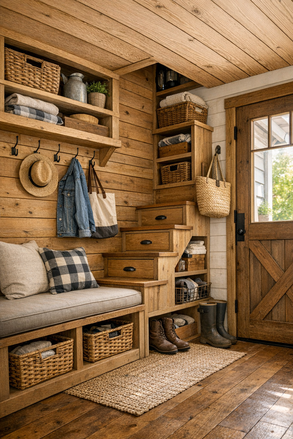 Thoughtful tiny home storage nook with built-in bench, hooks, and stair drawers