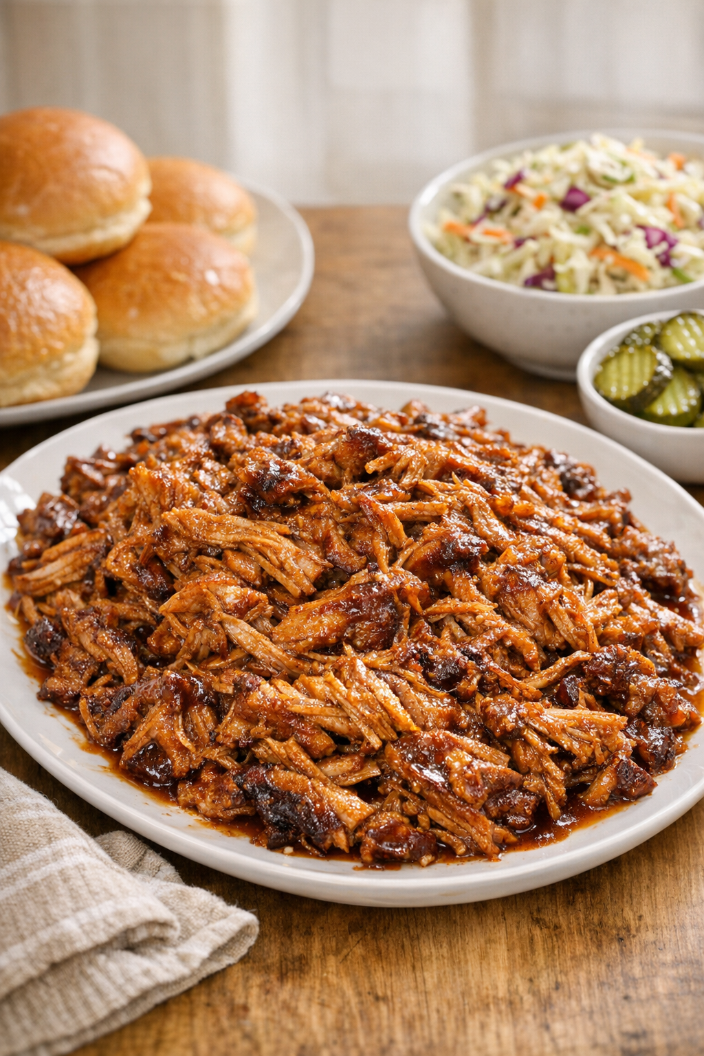 Finished pulled pork on a platter with buns and classic sides