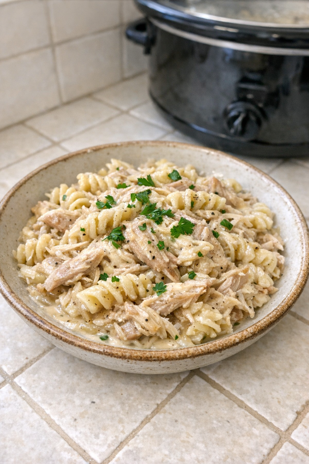 Finished creamy turkey pasta plated in a rustic bowl