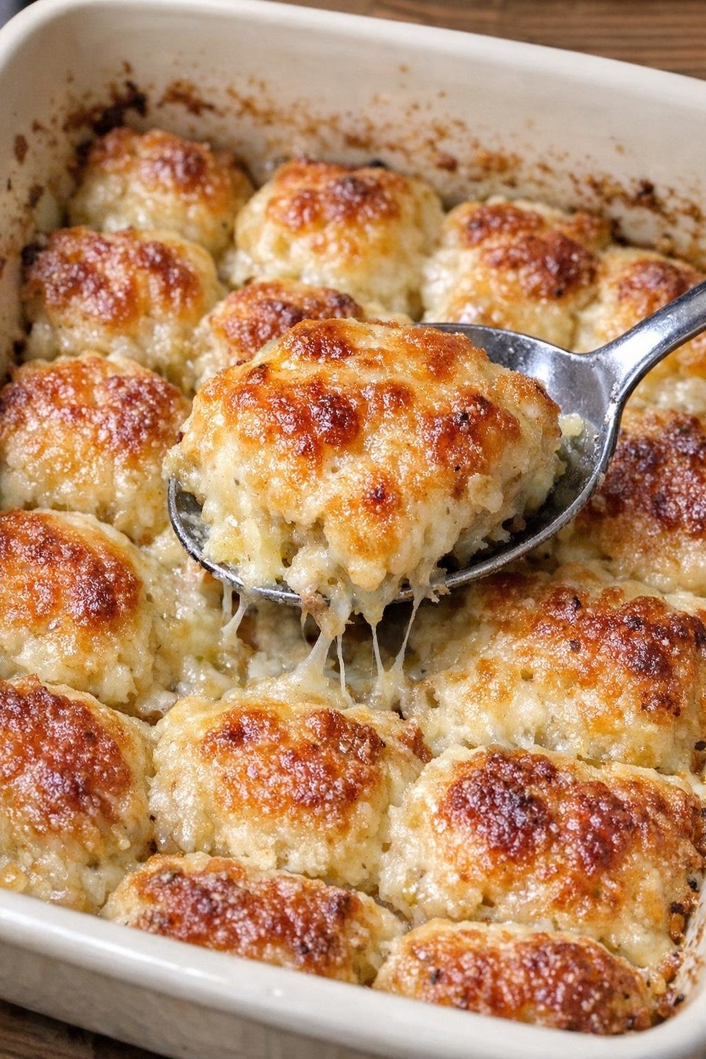 Crispy golden appetizer bites with melted cheese in a baking dish