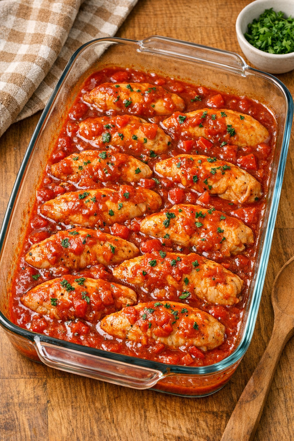 Finished baked chicken tenderloins in red sauce in a glass casserole dish