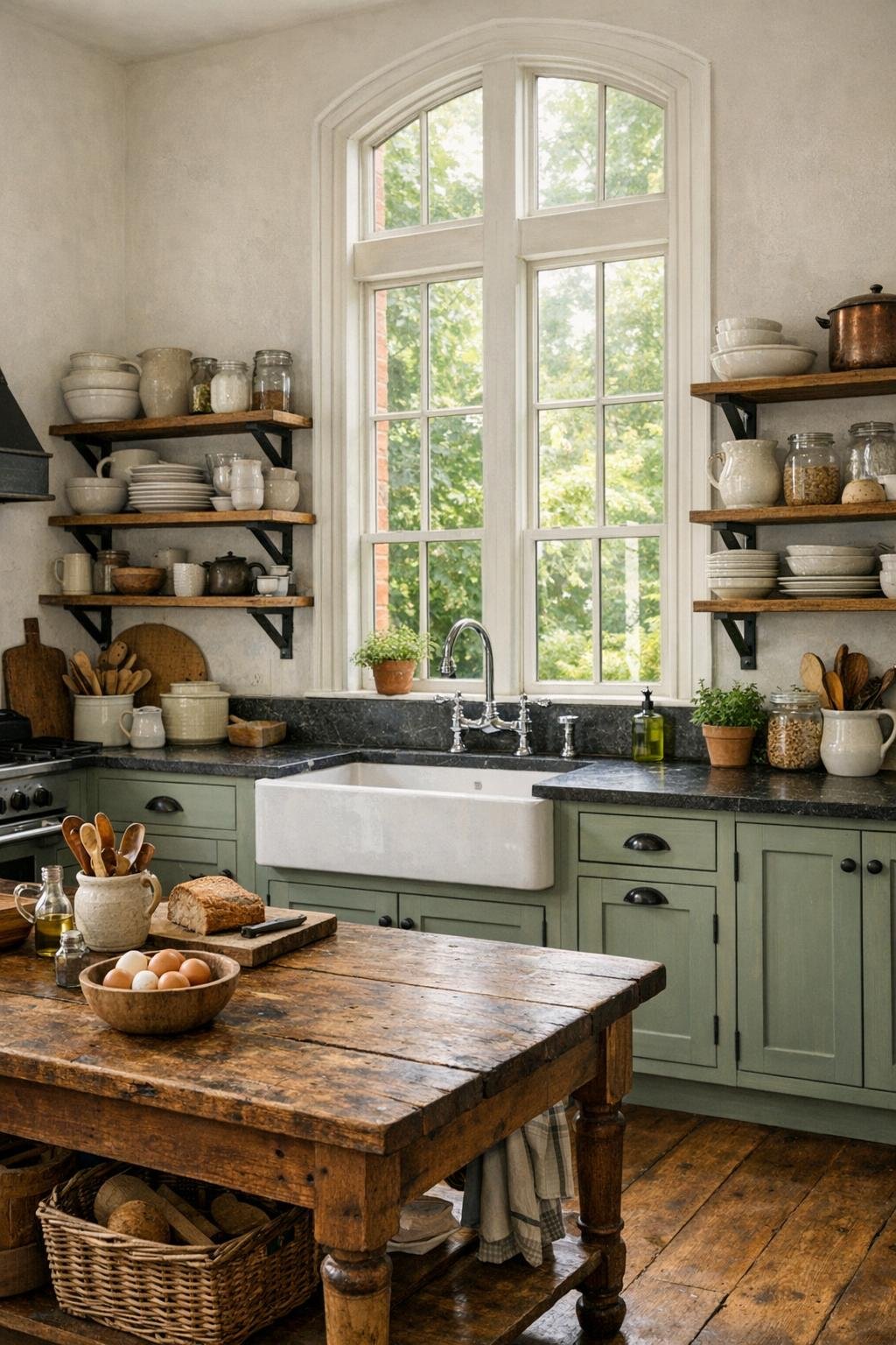 Cottage kitchen with shaker cabinets, soapstone counters, and a central worktable