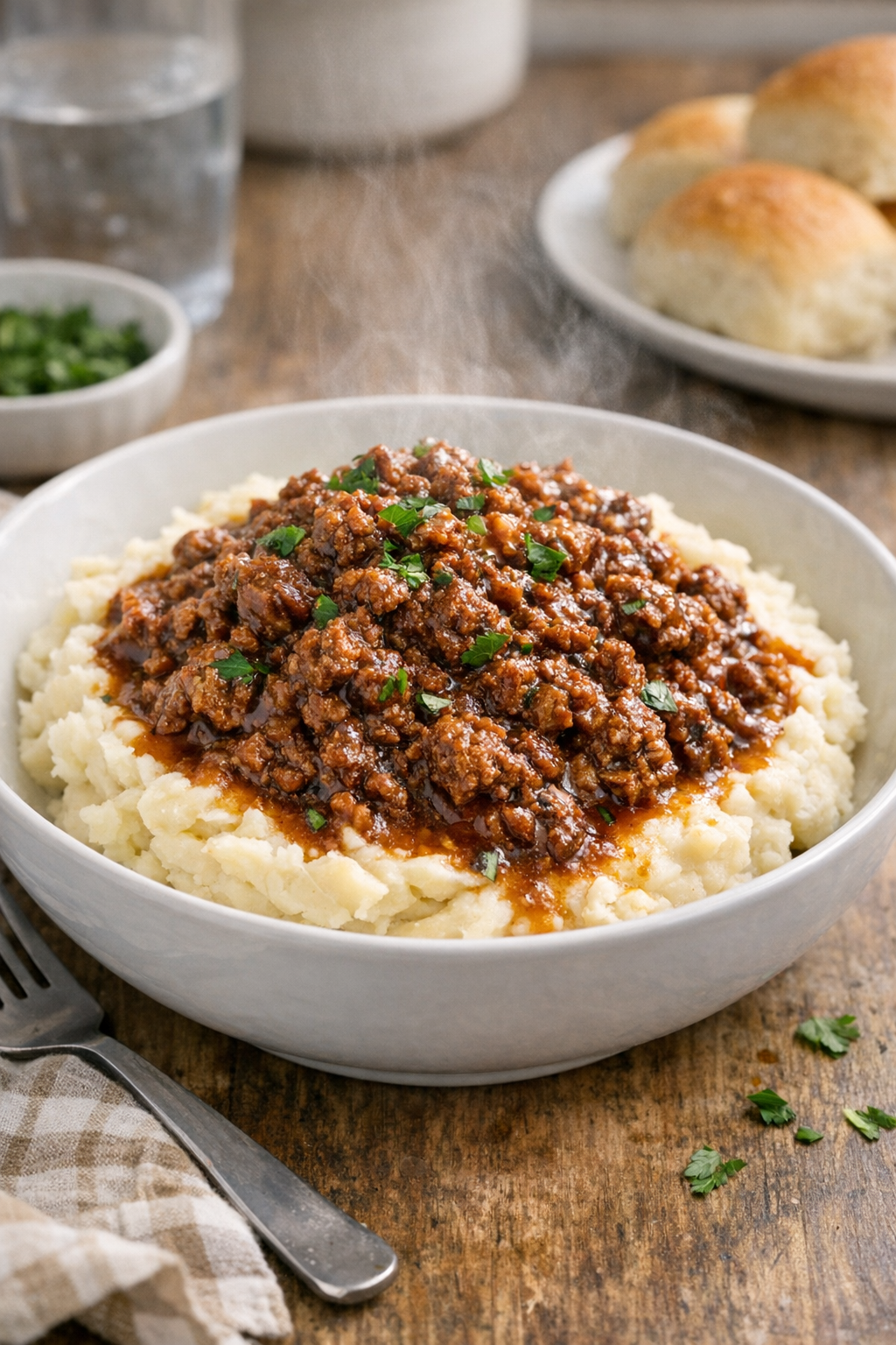 Finished slow cooker beef served over mashed potatoes
