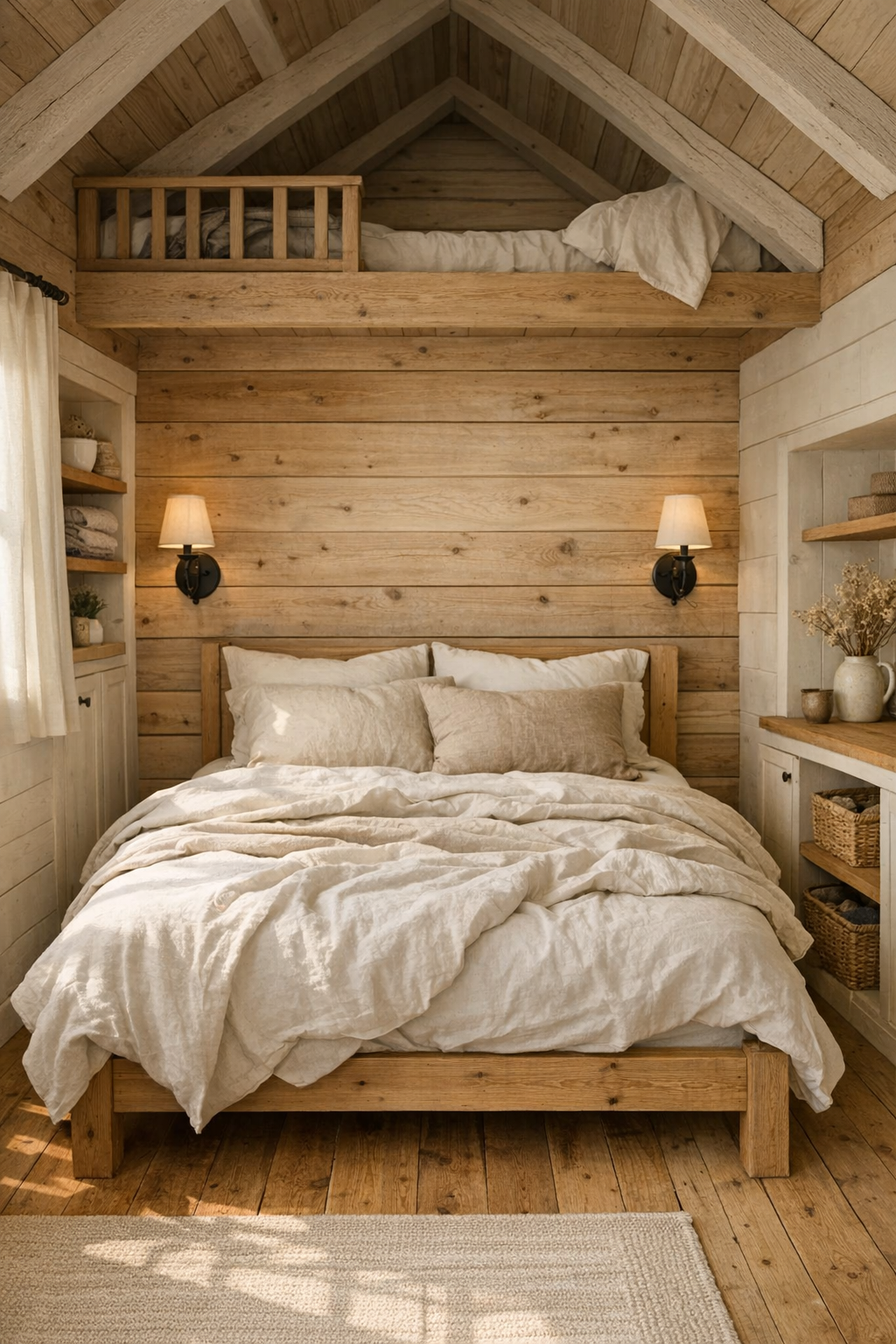 Calm tiny home bedroom with linen bedding and warm wood details