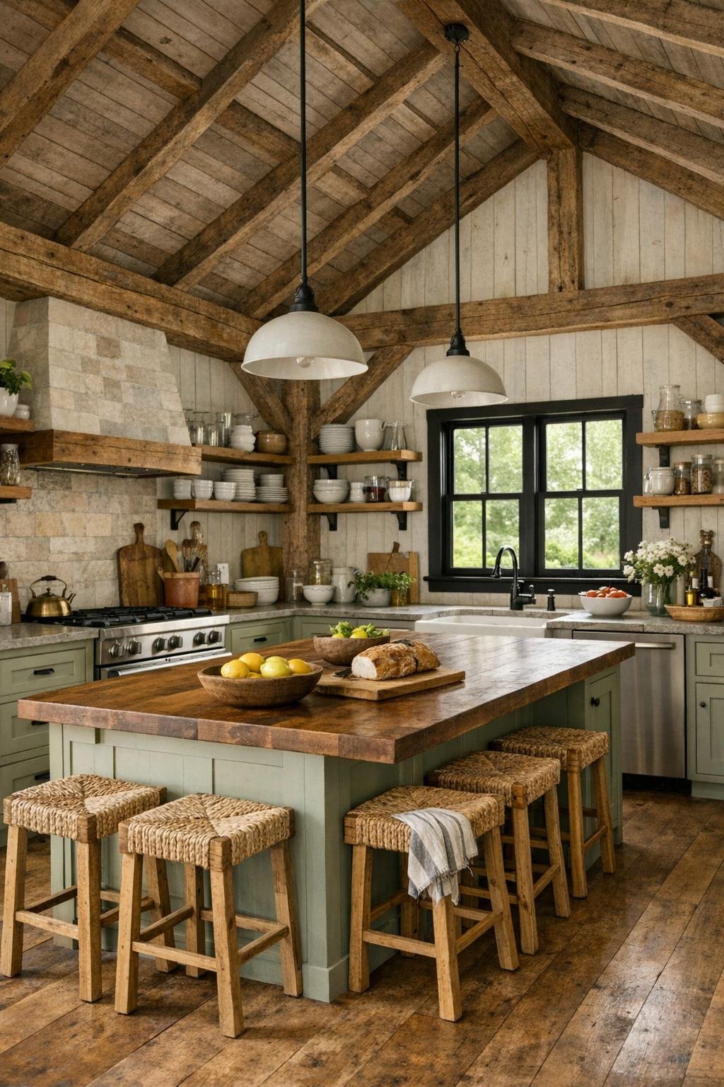 Inviting country kitchen with a large island, painted cabinetry, and warm wood details
