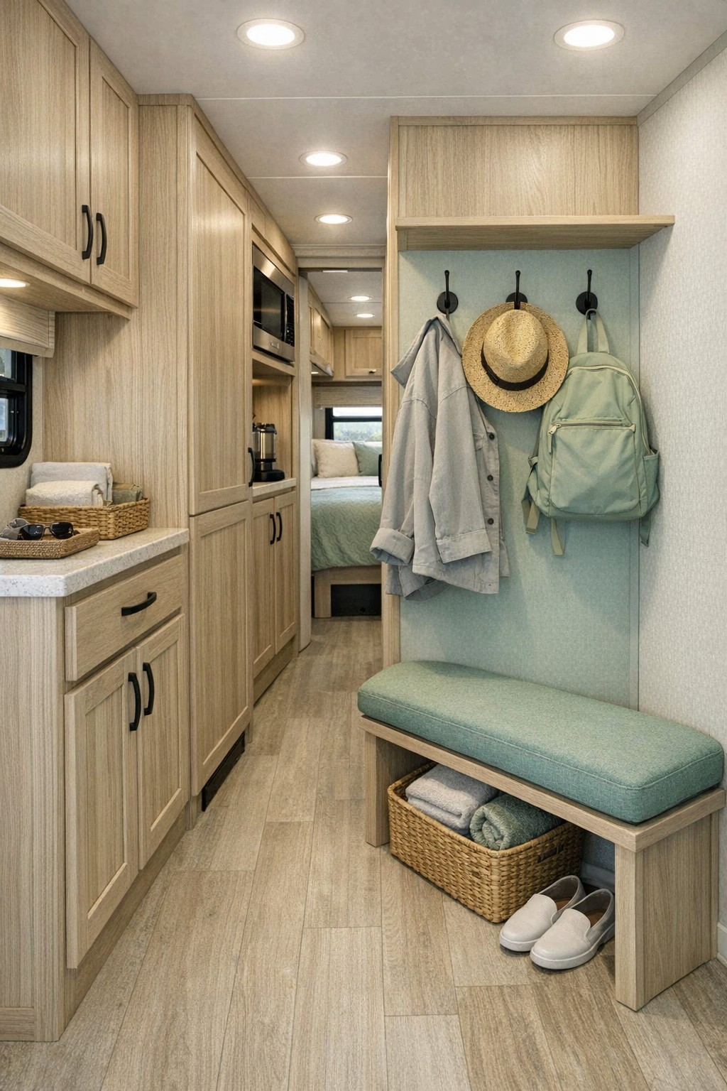 Smart RV hallway and storage area with built-in cabinetry