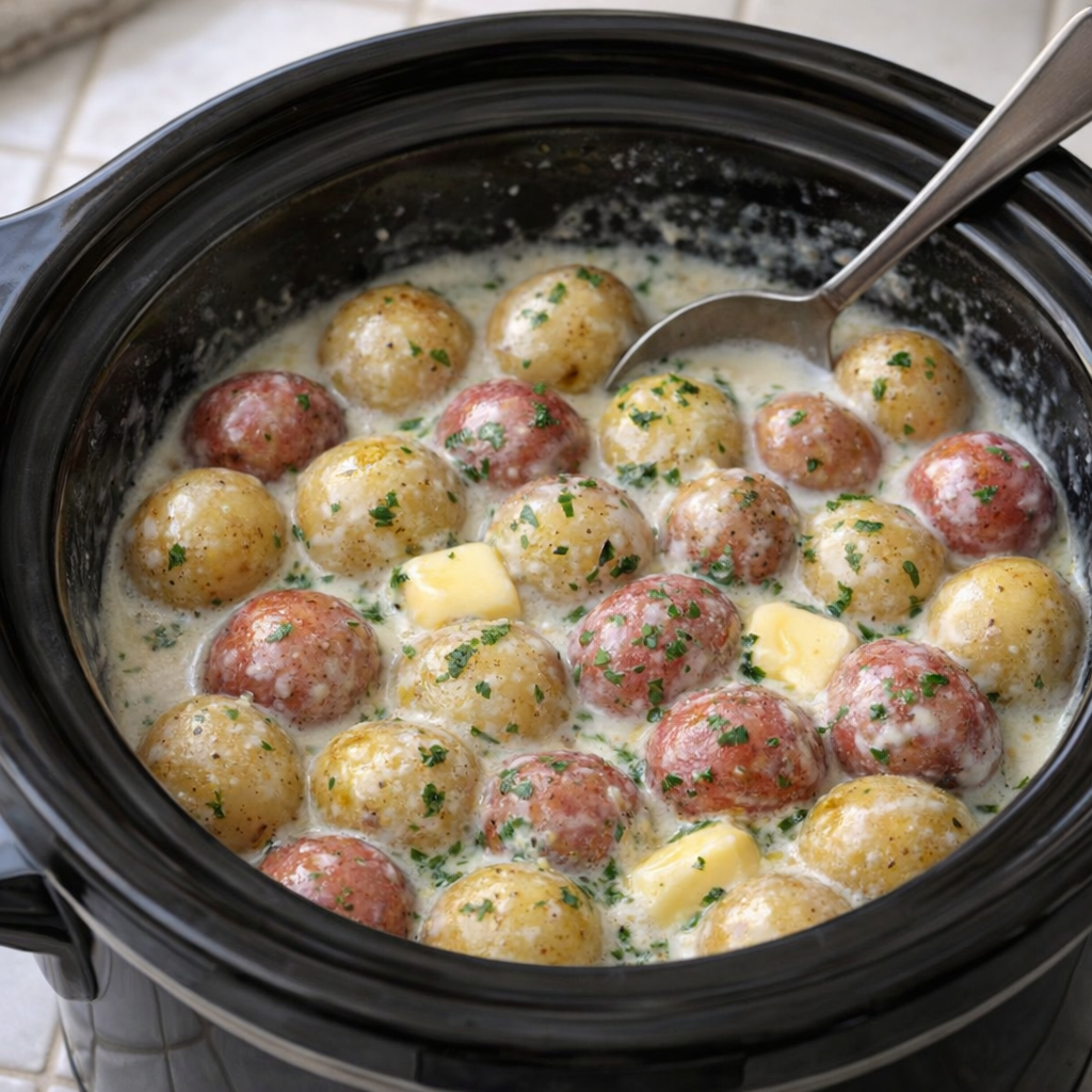 Creamy baby potatoes in a slow cooker