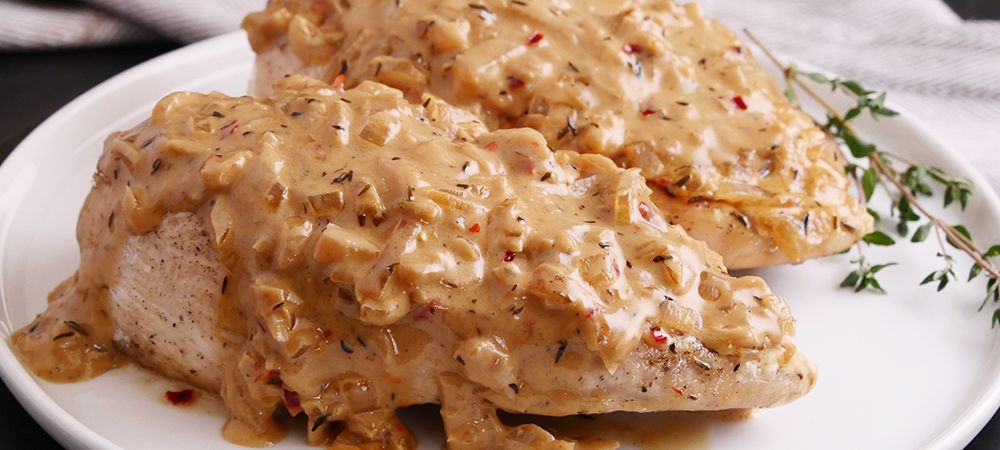 Restaurant Quality Skillet Chicken With Balsamic Caramelized Onion Cream Sauce Recipe and Video