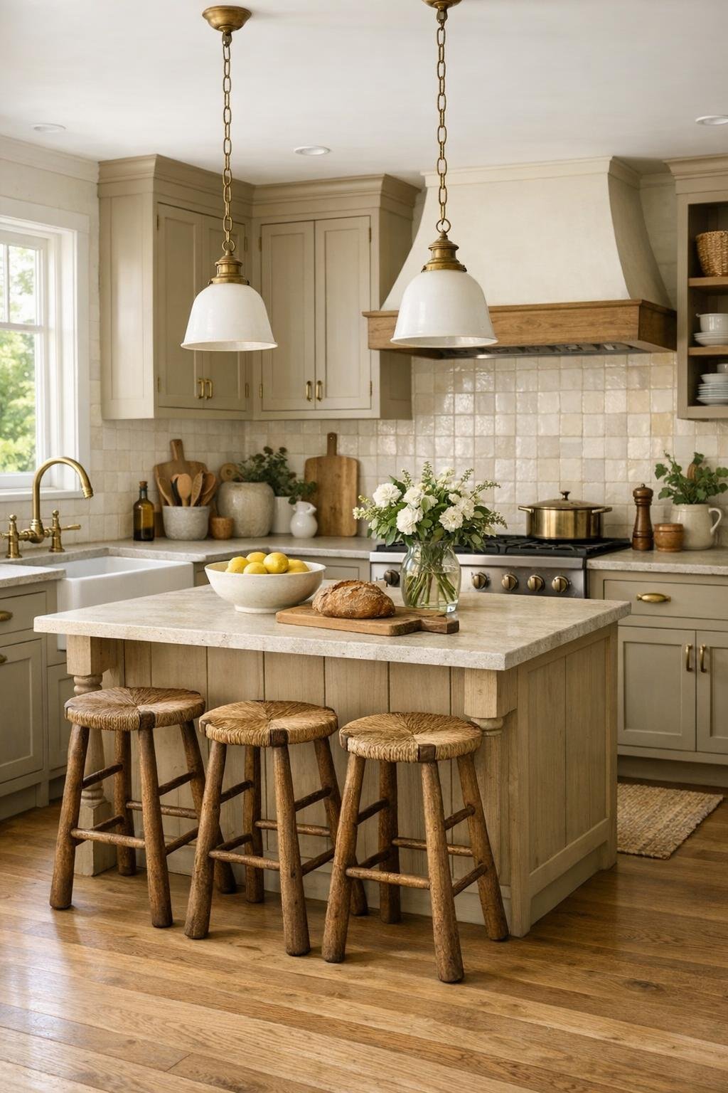 Inviting cottage kitchen with putty cabinetry, light stone counters, and a welcoming island