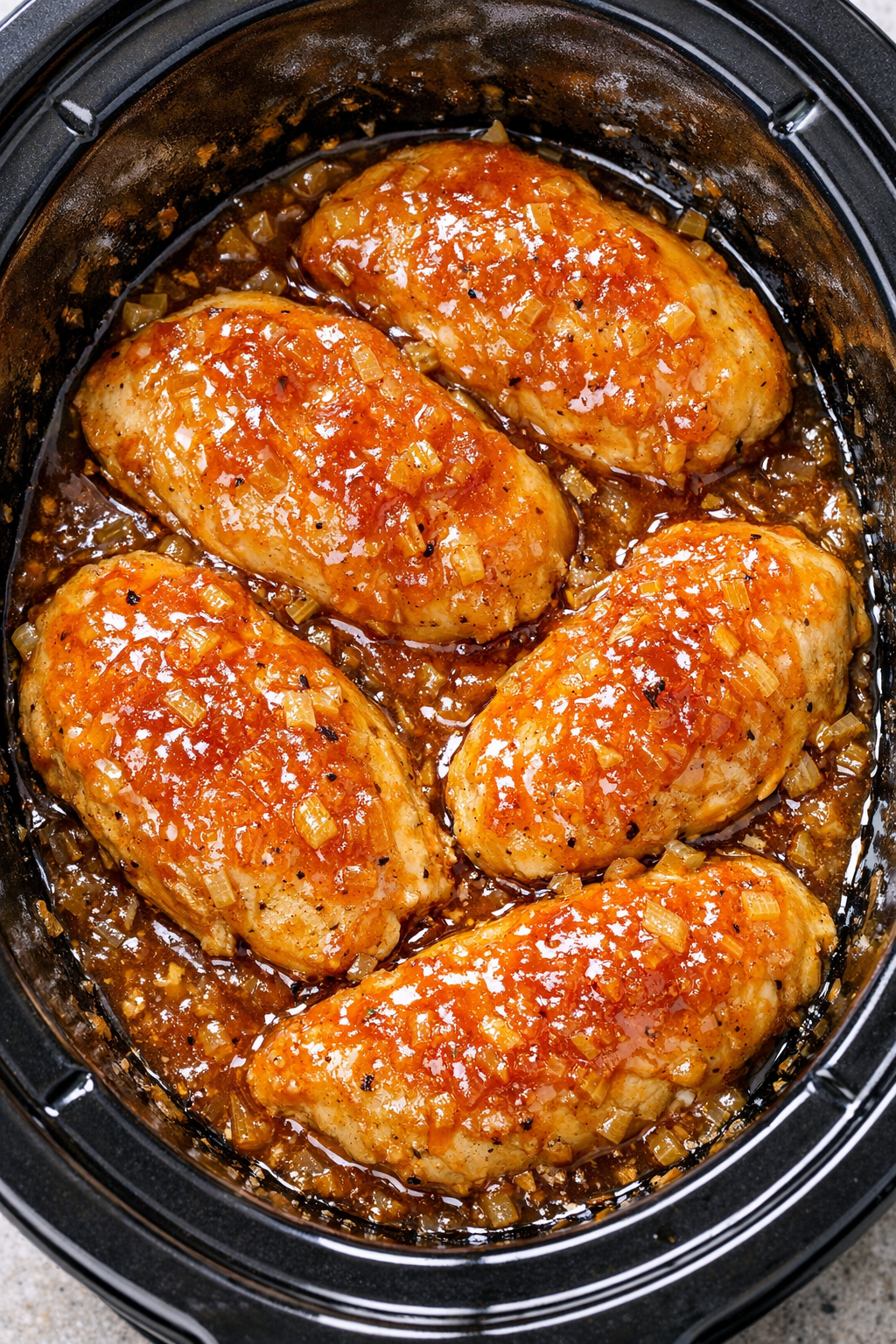 Apricot chicken cooked in slow cooker with glossy glaze