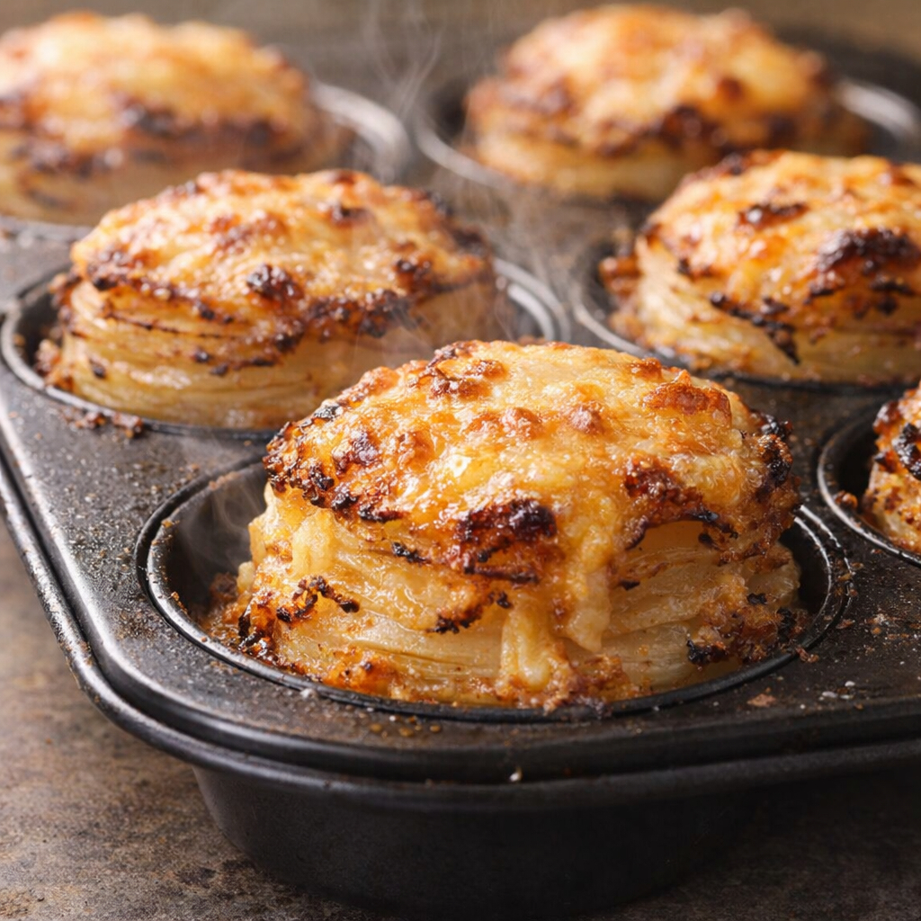 Freshly baked potato stacks in the muffin tin