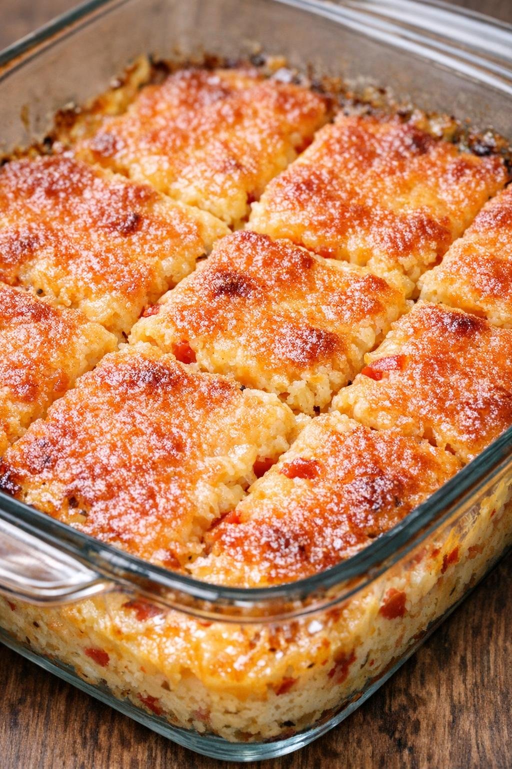 Southern 4-ingredient baked pimento squares in a glass casserole dish