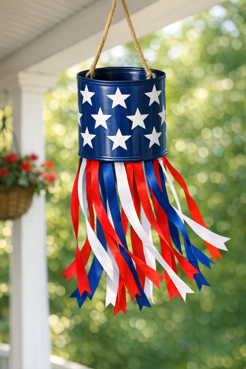 Finished patriotic windsock hanging with ribbon streamers