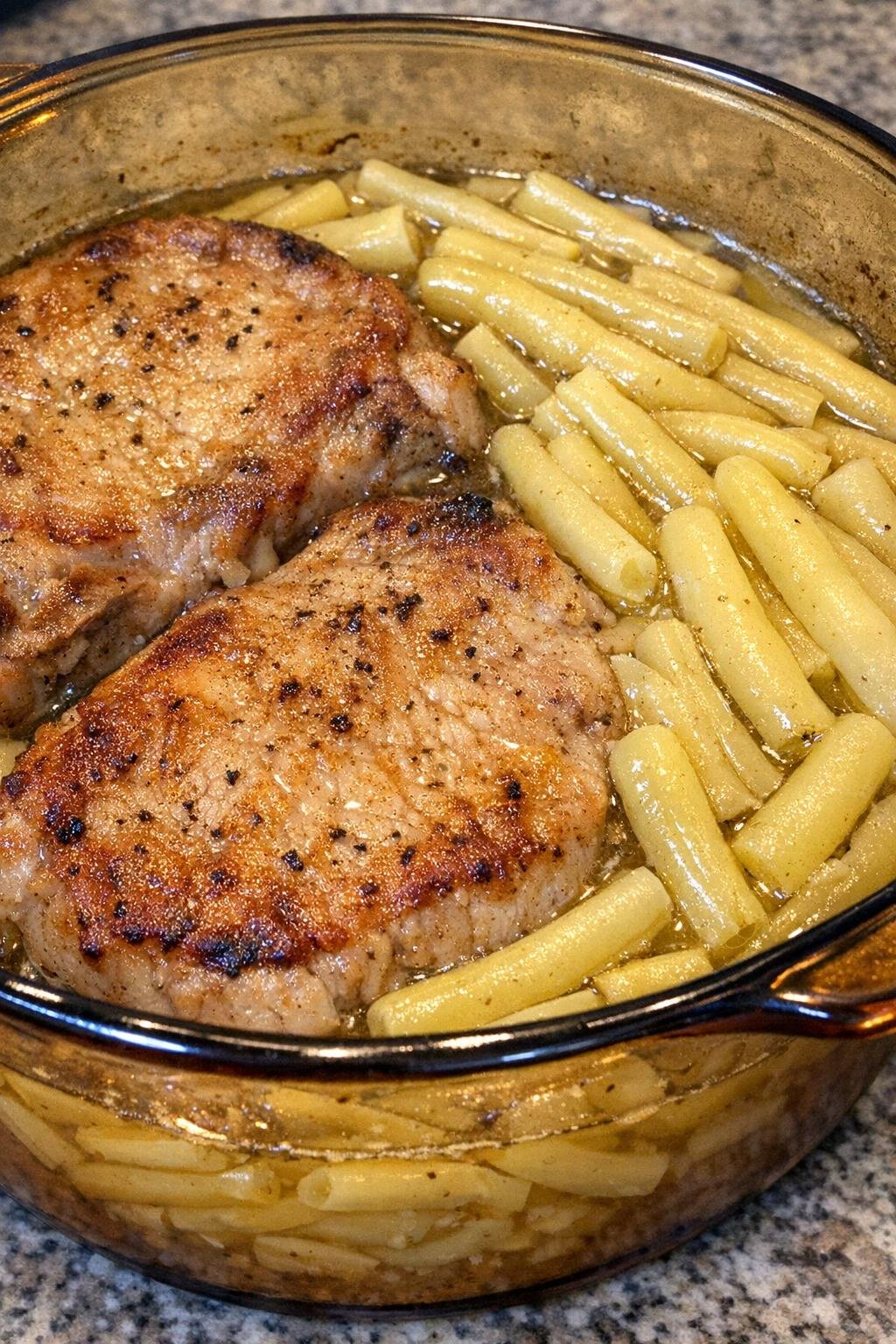 Golden browned pork chops with wax beans in an amber casserole dish