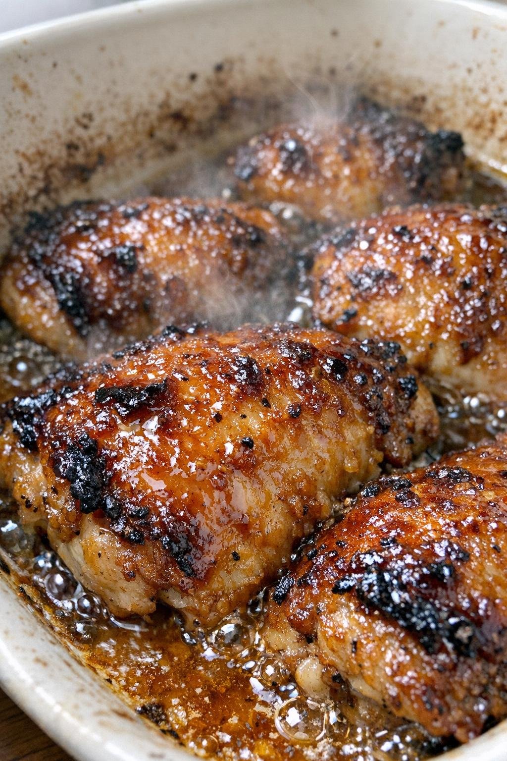 Roasted glossy caramelized protein in a ceramic baking dish