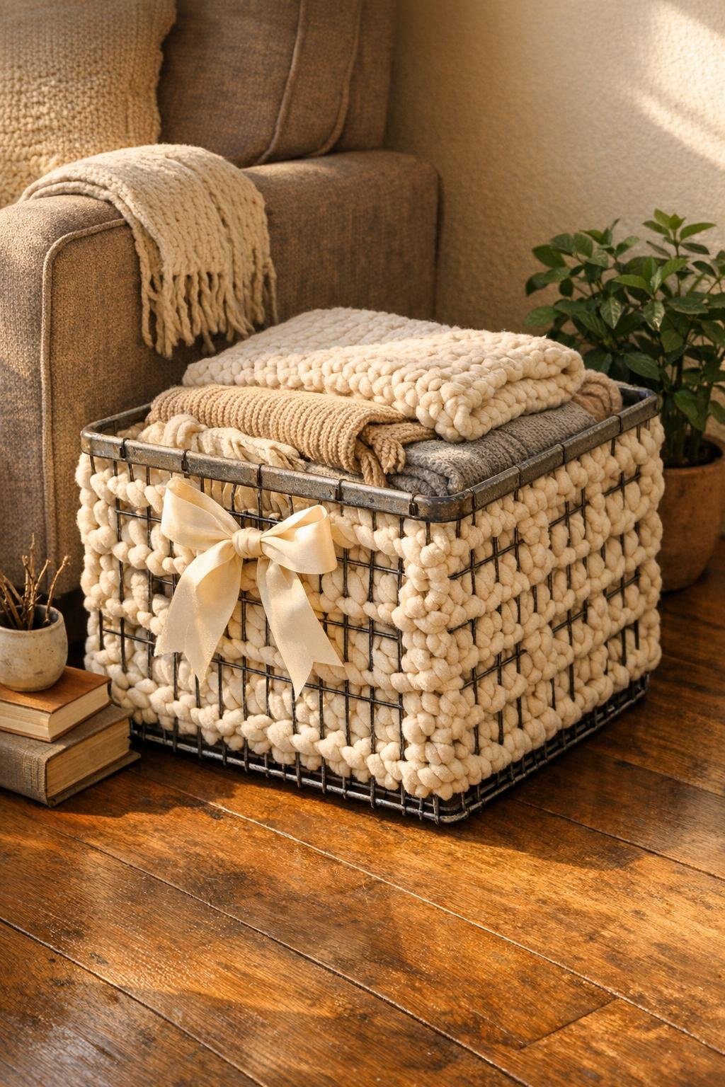 Finished crochet storage basket made from a vintage wire record rack