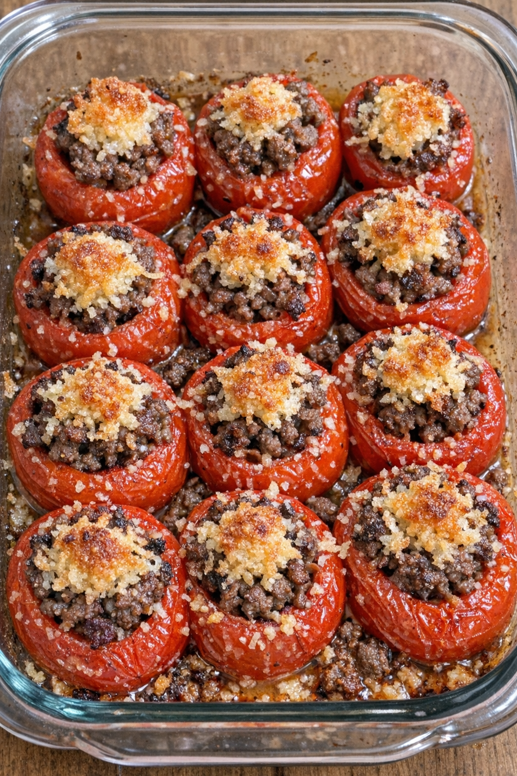 Oven baked beef stuffed cherry tomatoes ready to serve