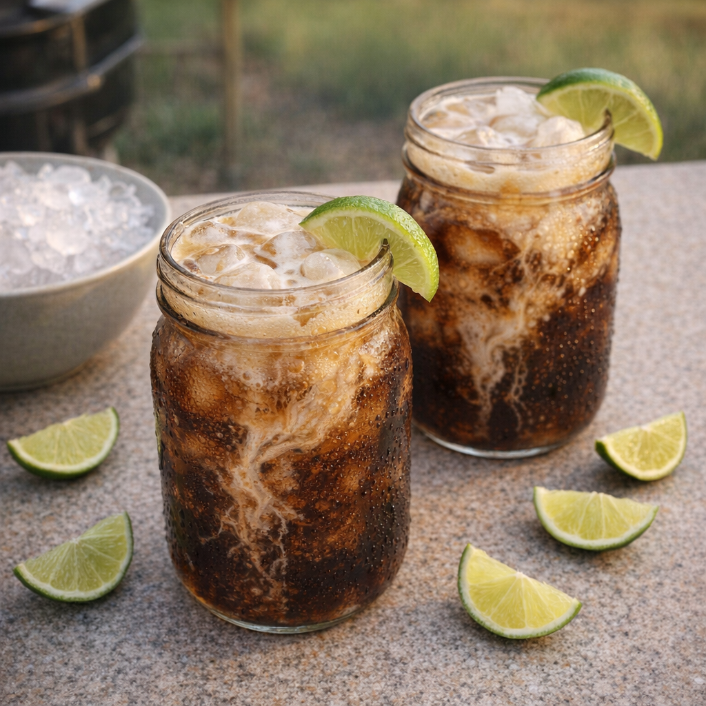 Mason jars of dirty cola on a backyard barbecue counter