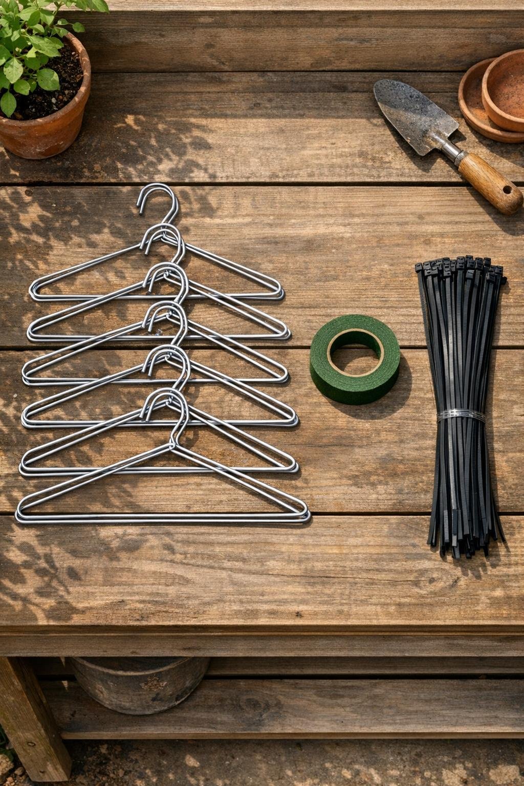Wire coat hangers, floral tape, and zip ties laid out on a potting bench