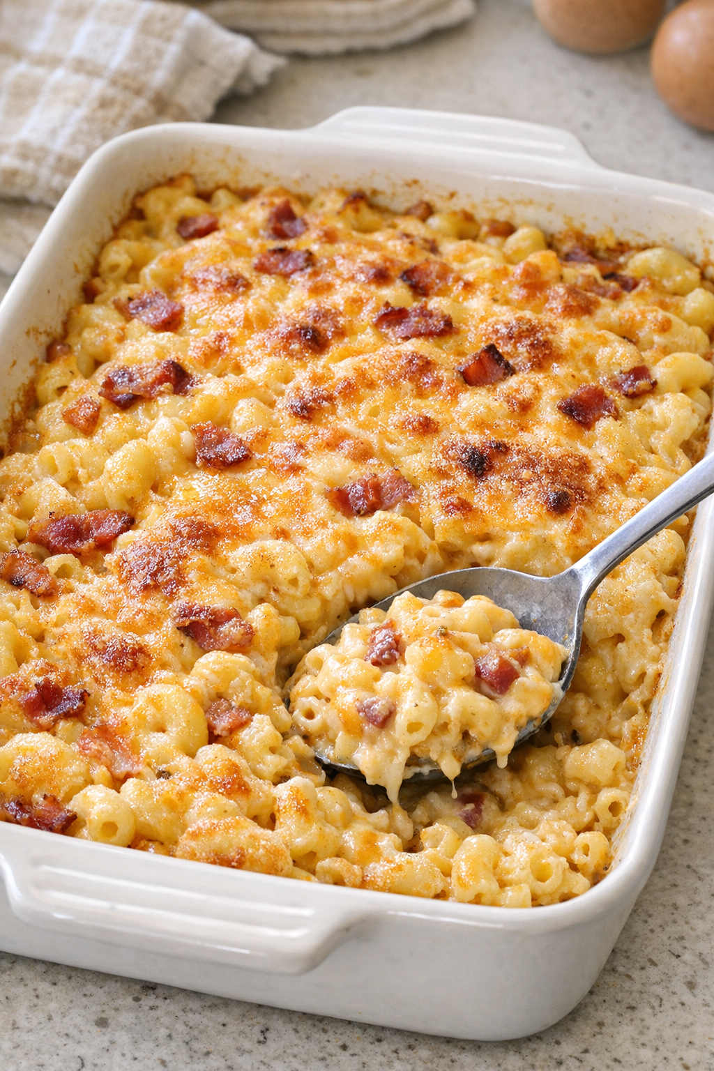 Finished baked bacon cheddar dip macaroni in a casserole dish