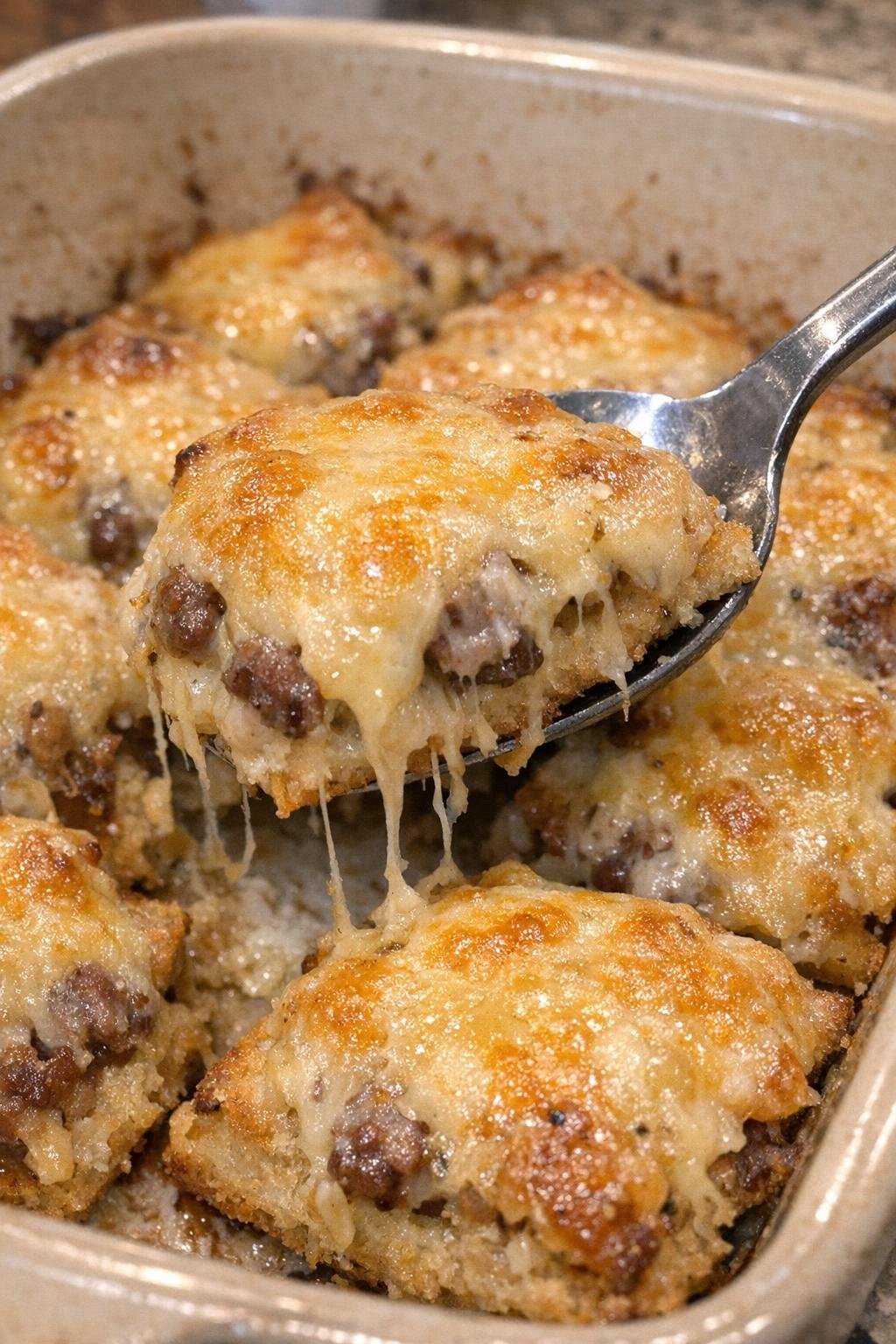 Golden cheesy appetizer bites in a casserole dish