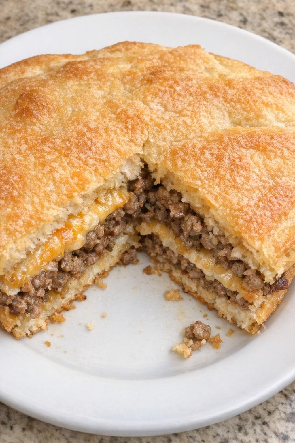 Crispy layered beef bake with a wedge removed